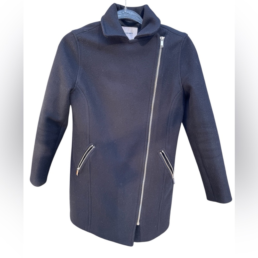 Old Navy Women’s Black Asymmetrical Silver Zipper Pea Style Winter Coat Size XS